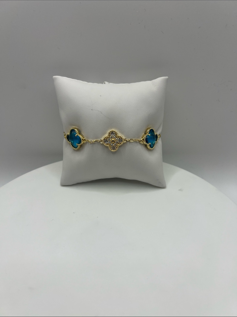 150. 18k Gold Plated Clover Bracelet w/ Blue Stone & Crystals.  7 1/2” - 8” - Picture 2 of 5